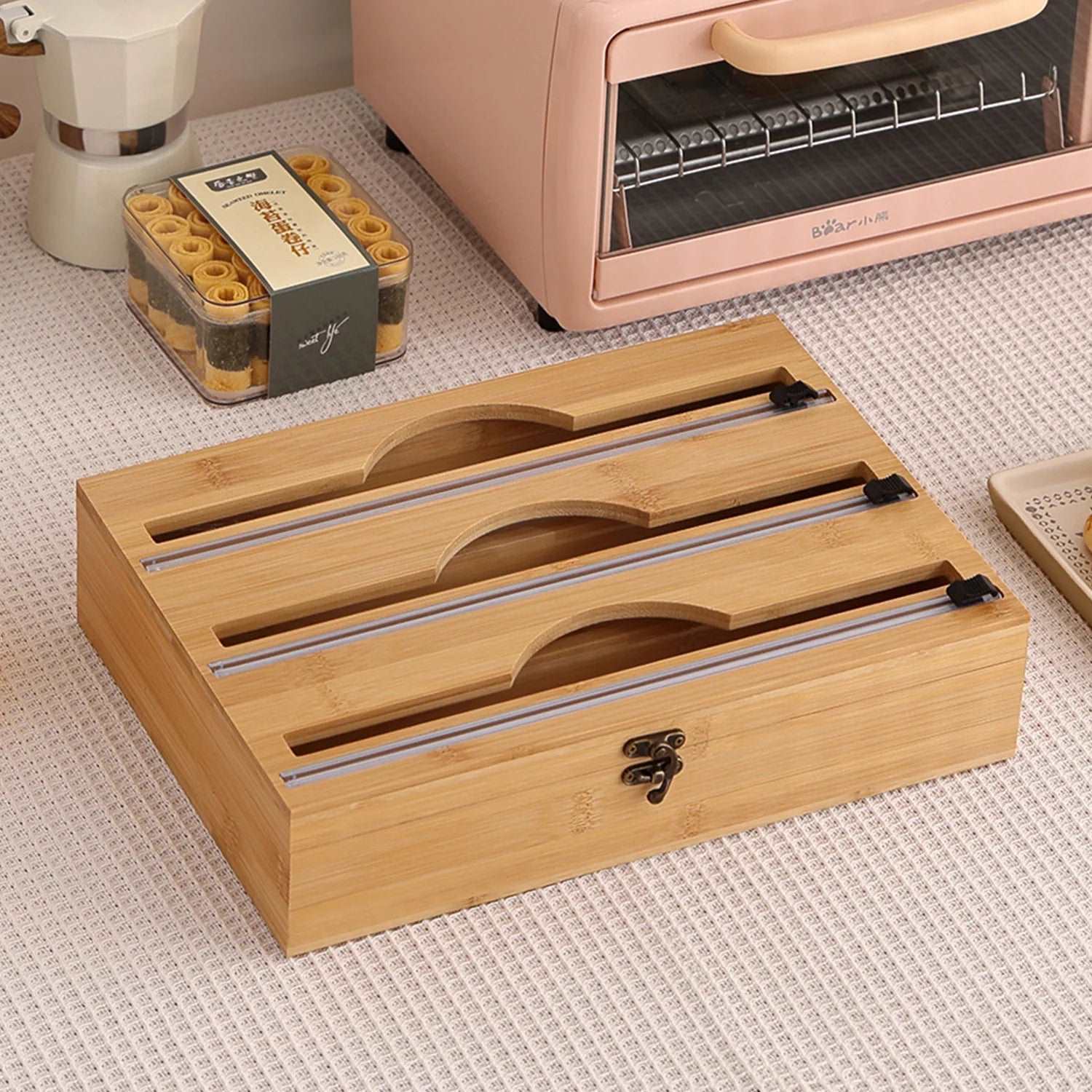 3 In 1 Bamboo Wrap Dispenser Storage Dispenser - beunik