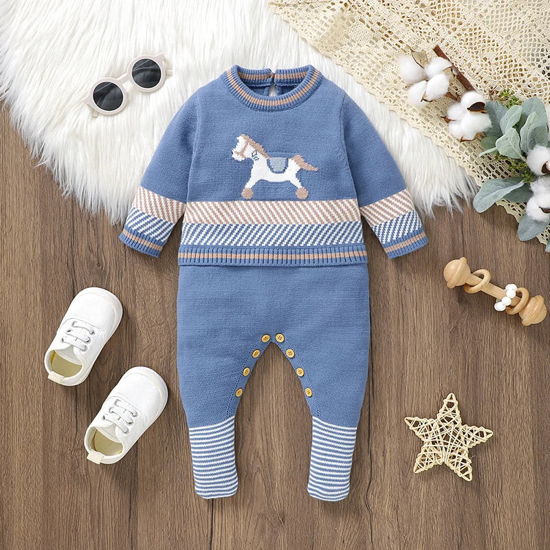 Blue Knit Long‑Sleeve Baby Jumpsuit 1