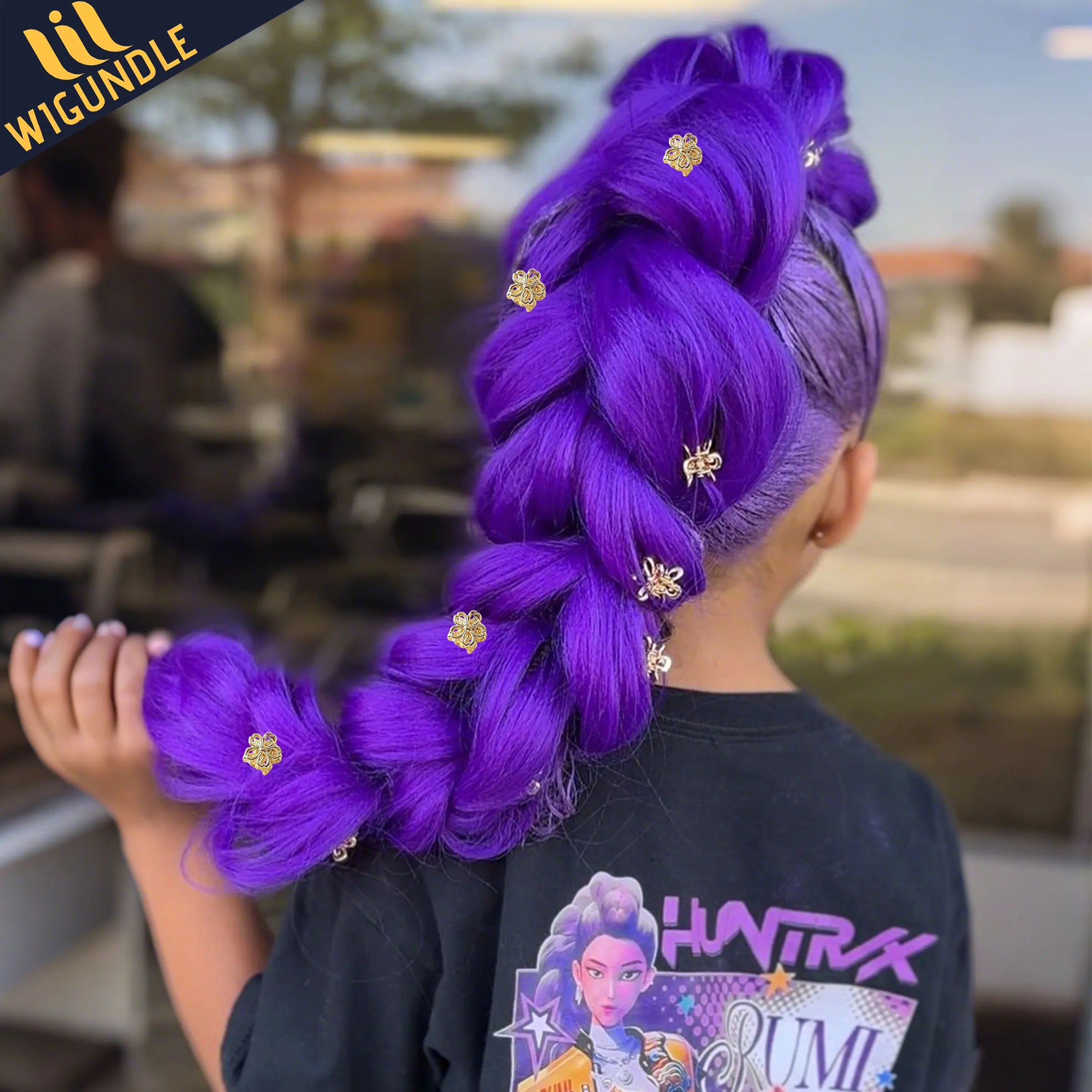 KPop Rumi Purple Braided Ponytail – Clip‑On Synthetic Hairpiece for Kids - beunik