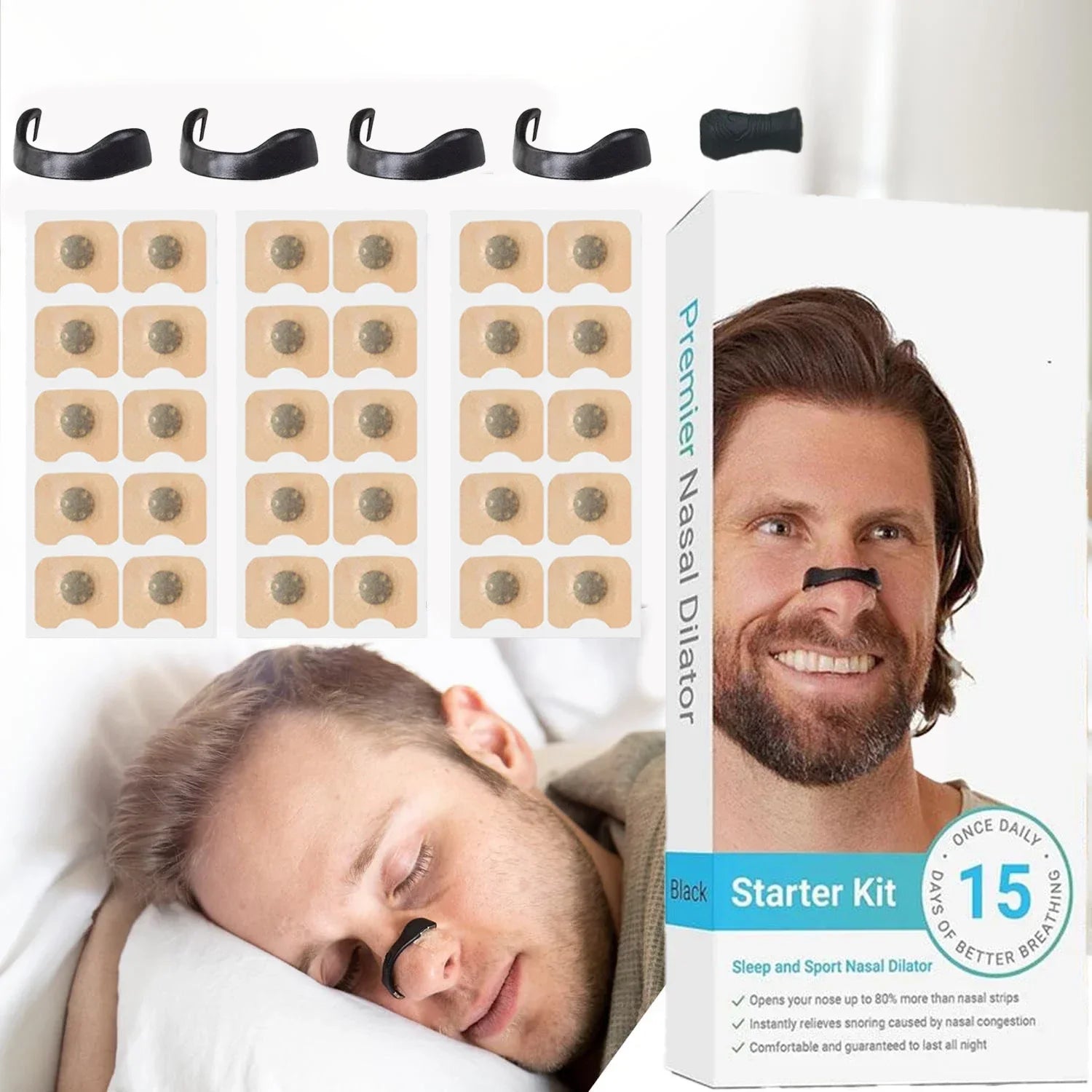 Nasal dilator starter kit with packaging and a person sleeping with a black strip on their nose. beunik