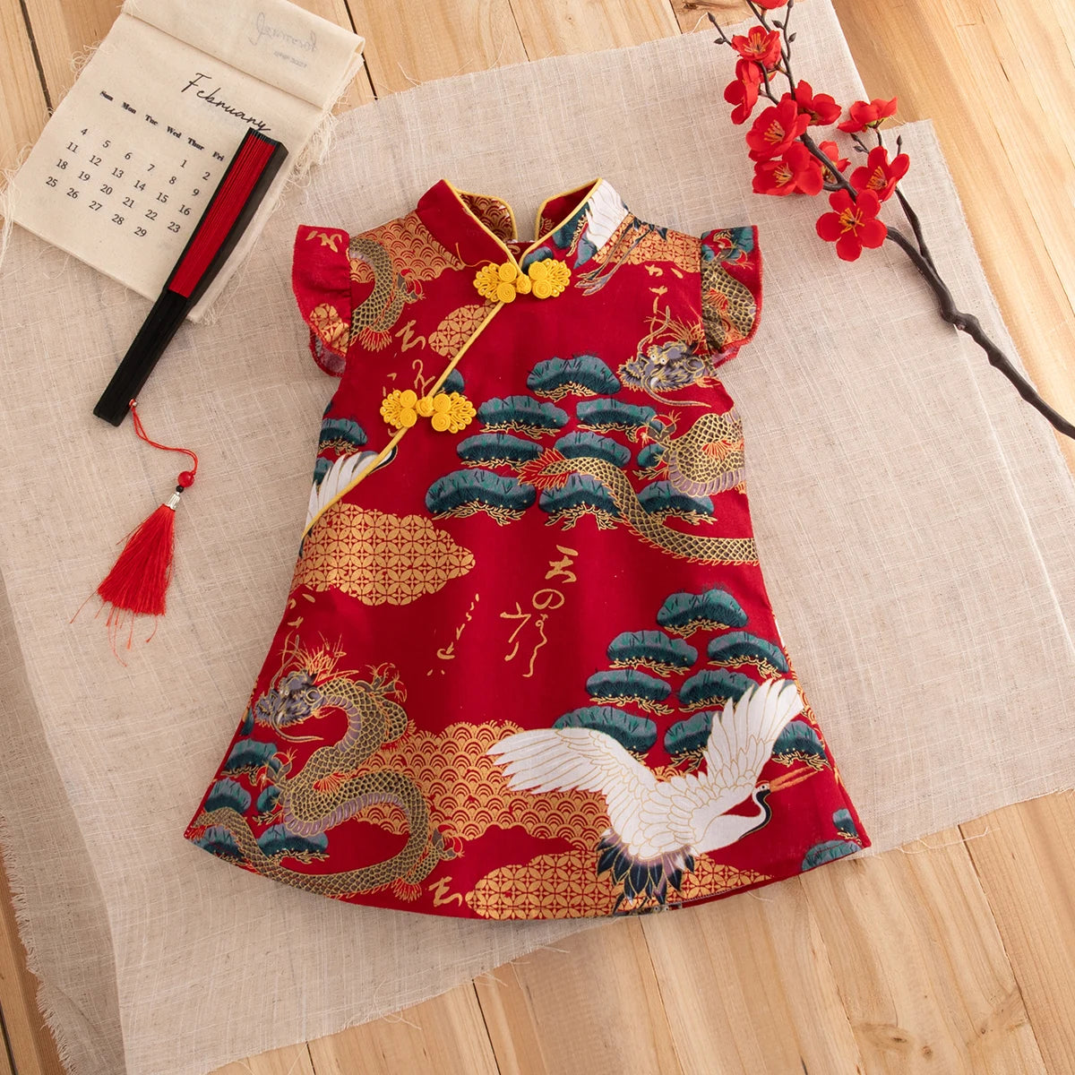 Baby Cheongsam – Summer Cotton Qipao Dress with Fly Sleeves (9M–3Y)