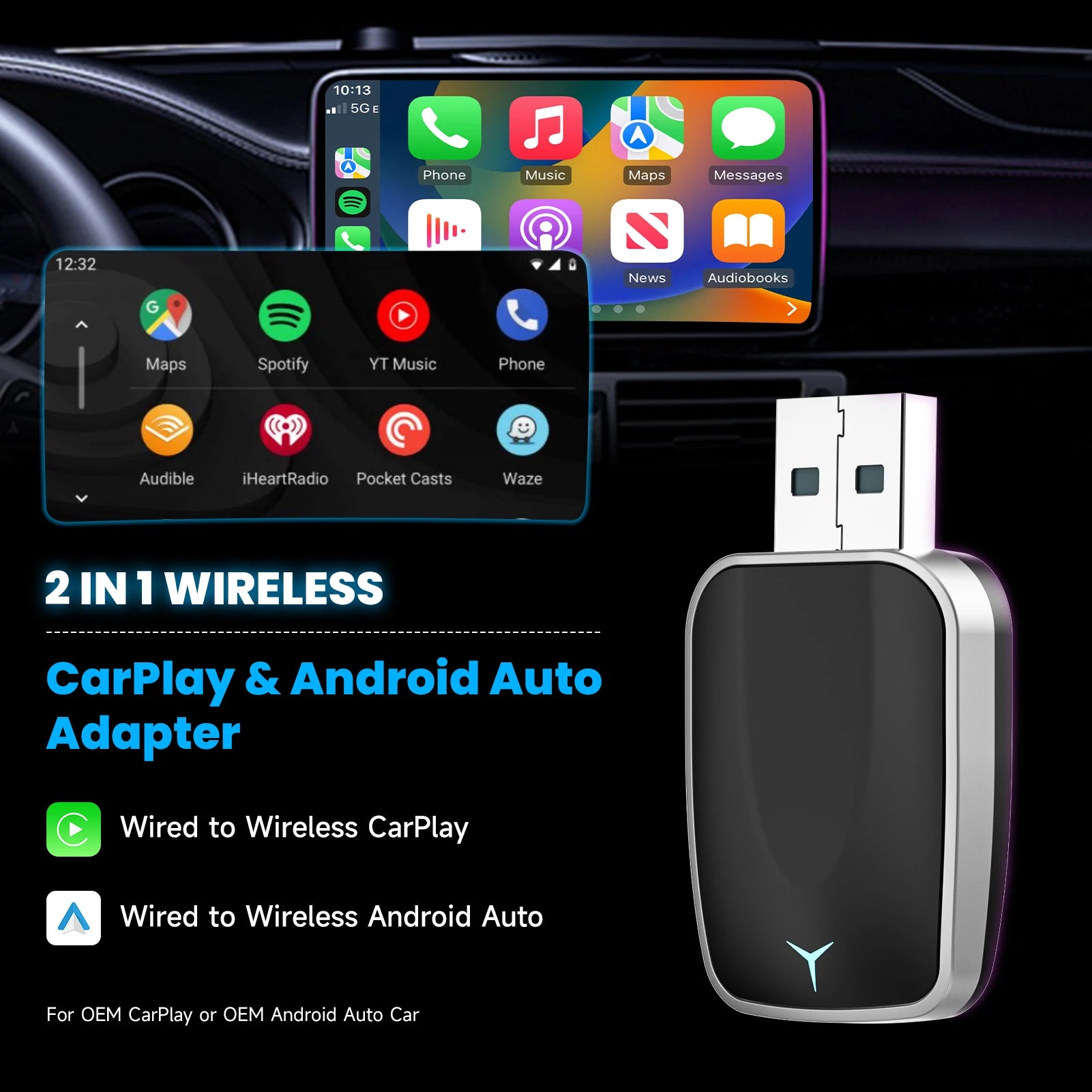 Plug & Play Wired to Wireless CarPlay Adapter & Android Auto Wireless Adapter