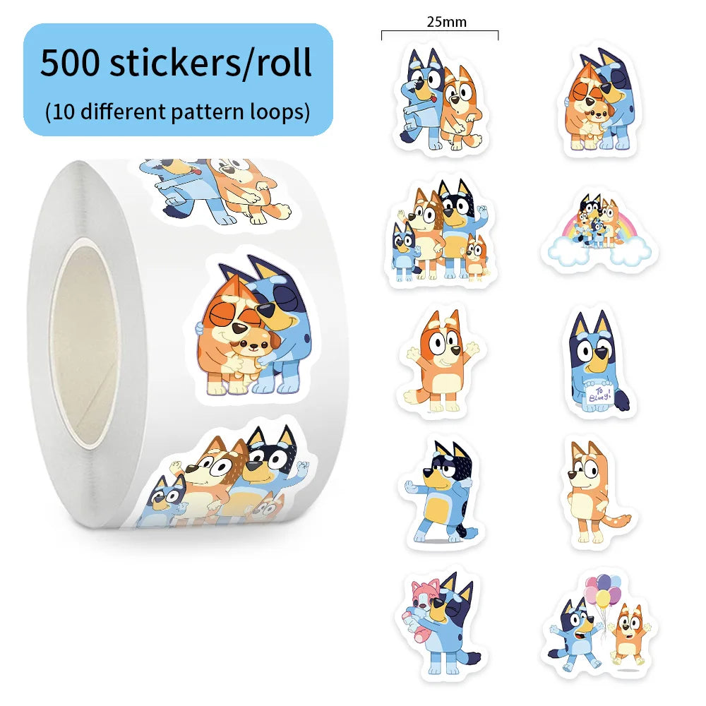 Bluey Family Cartoon Sticker Roll (500pcs) – PVC Sealing & Decoration Labels