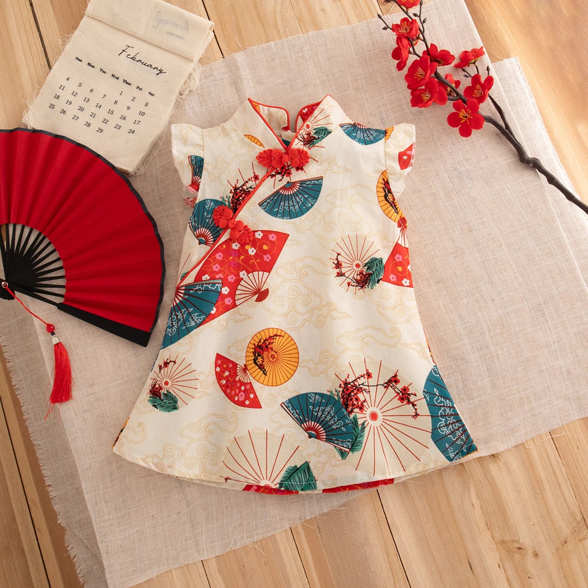 Baby Cheongsam – Summer Cotton Qipao Dress with Fly Sleeves (9M–3Y)