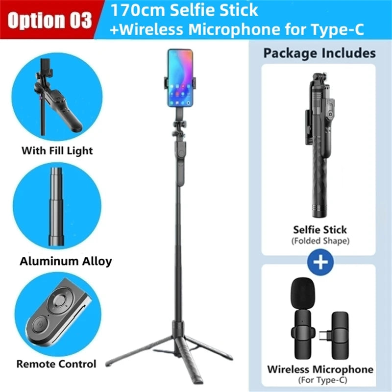 Wireless Selfie Stick Tripod Stand Foldable Monopod With Led Light (1750mm) beunik