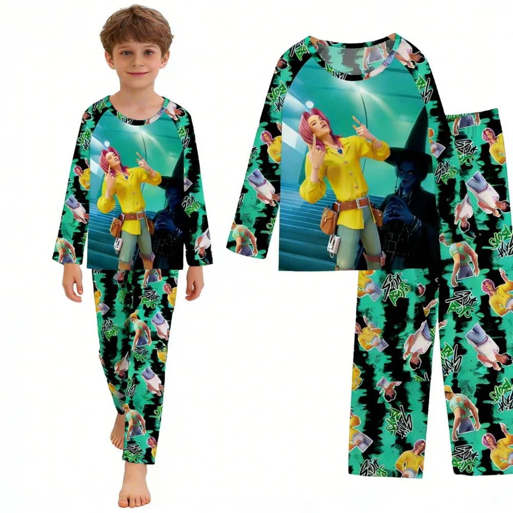 Kpop Long Sleeve Pyjama Set – 2 Piece Soft Cartoon Sleepwear (Ages 3–14)