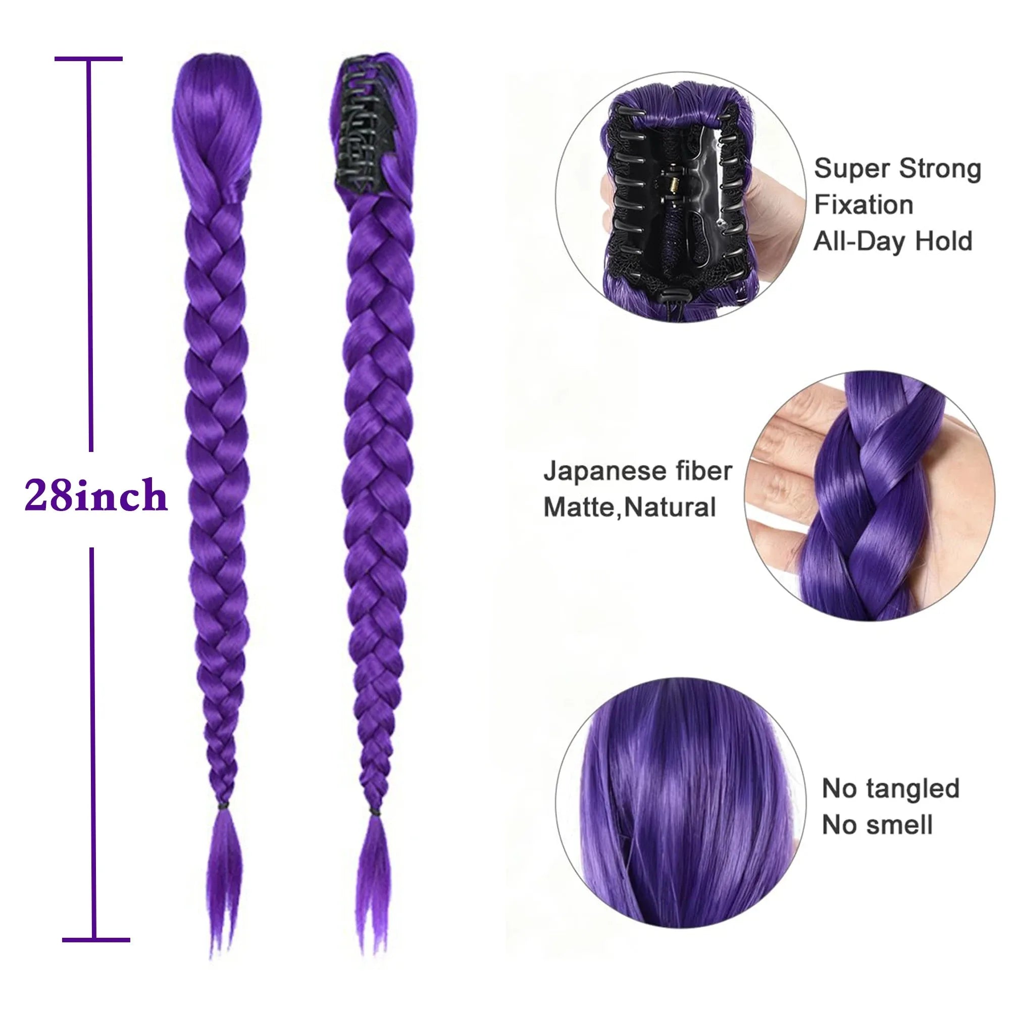 KPop Rumi Purple Braided Ponytail – Clip‑On Synthetic Hairpiece for Kids
