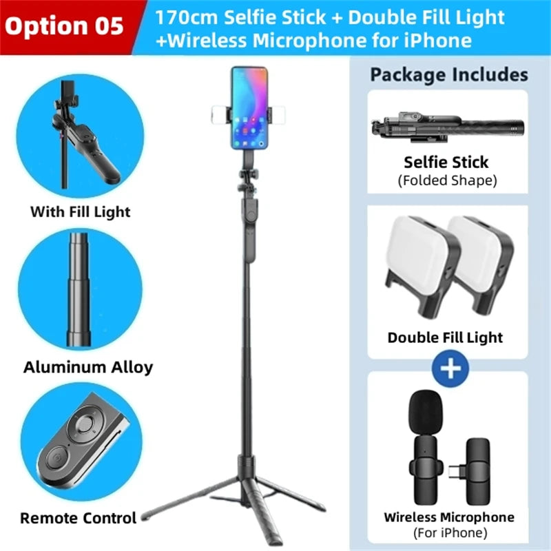 Wireless Selfie Stick Tripod Stand Foldable Monopod With Led Light (1750mm) beunik
