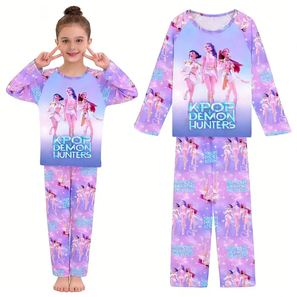Kpop Long Sleeve Pyjama Set – 2 Piece Soft Cartoon Sleepwear (Ages 3–14)