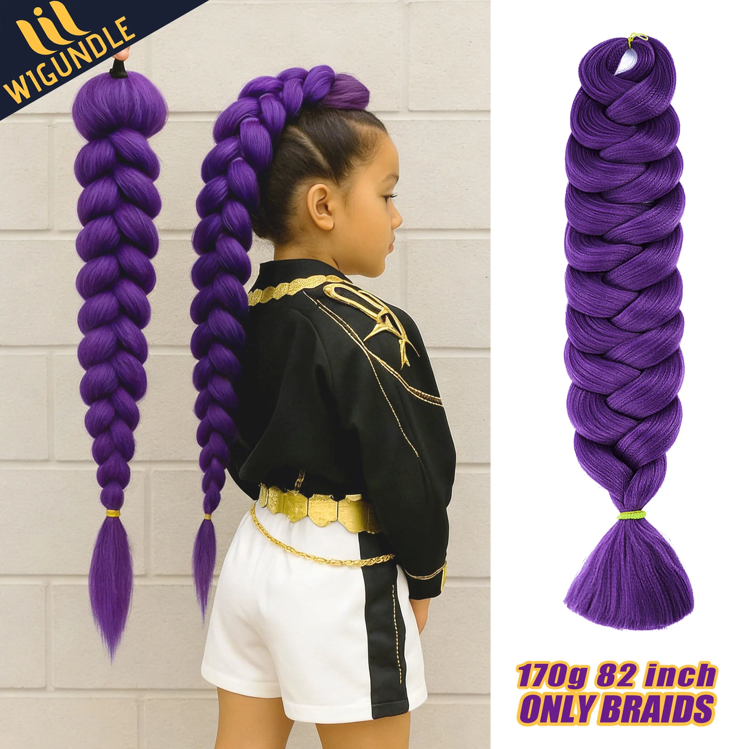 KPop Rumi Purple Braided Ponytail – Clip‑On Synthetic Hairpiece for Kids