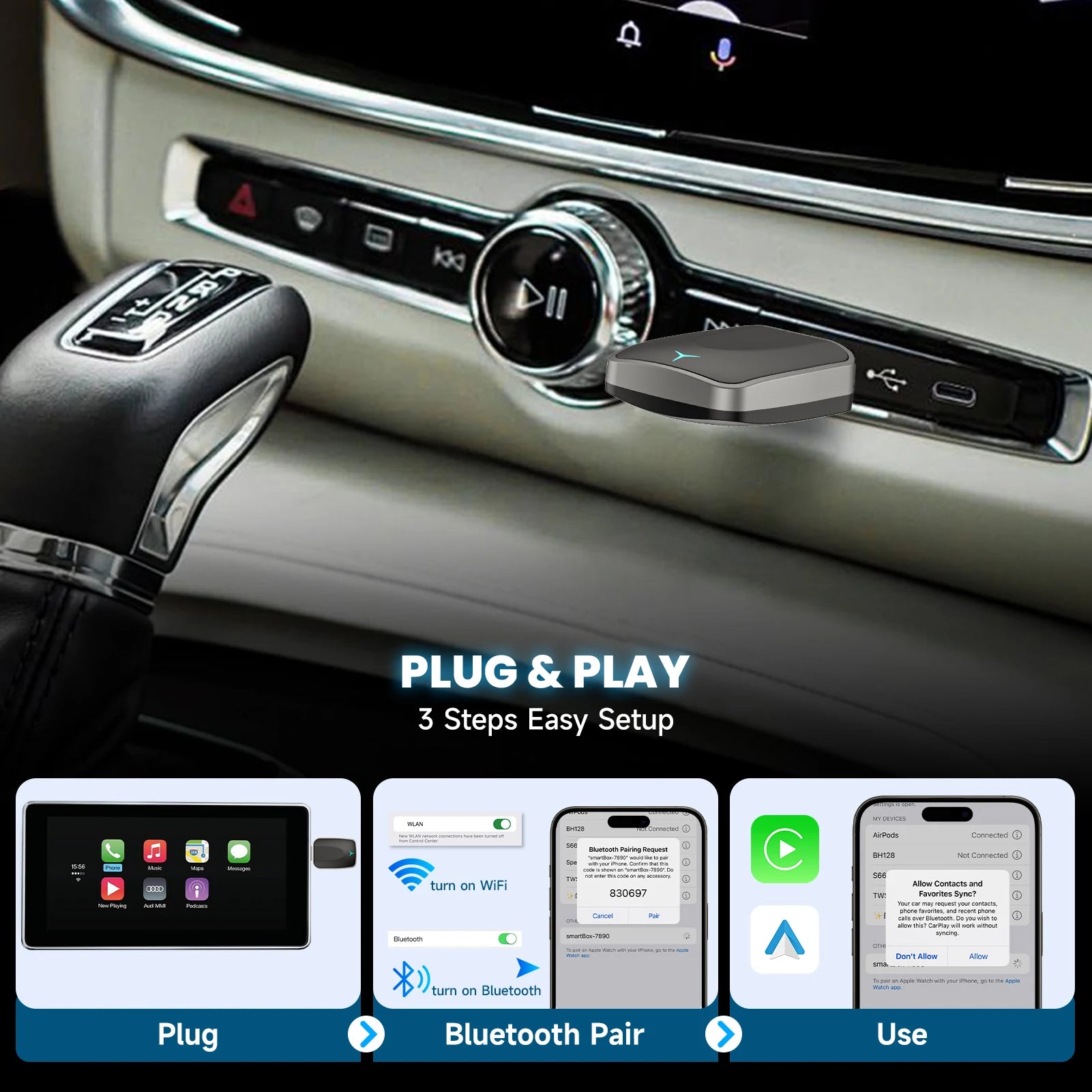 Plug & Play Wired to Wireless CarPlay Adapter & Android Auto Wireless Adapter