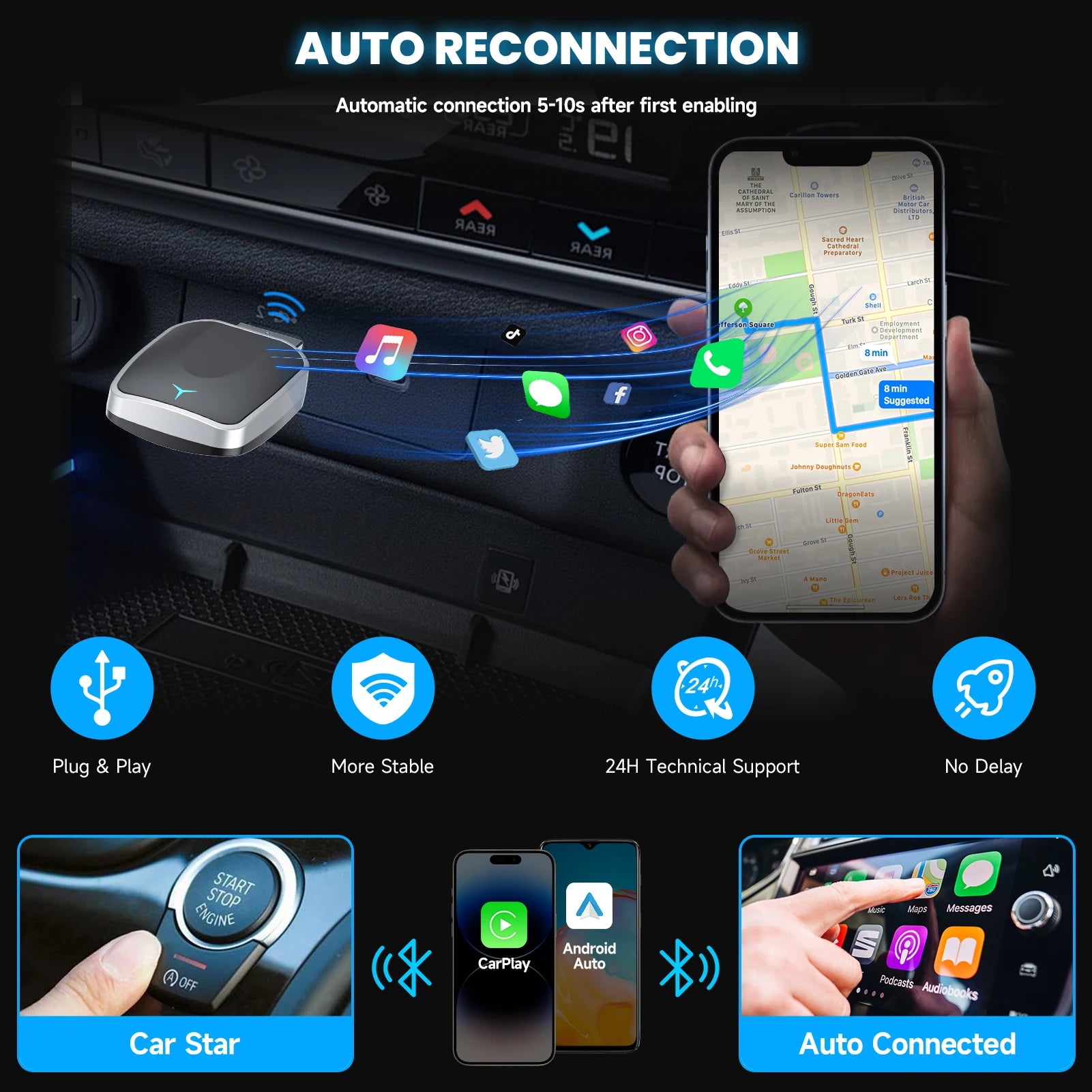 Plug & Play Wired to Wireless CarPlay Adapter & Android Auto Wireless Adapter