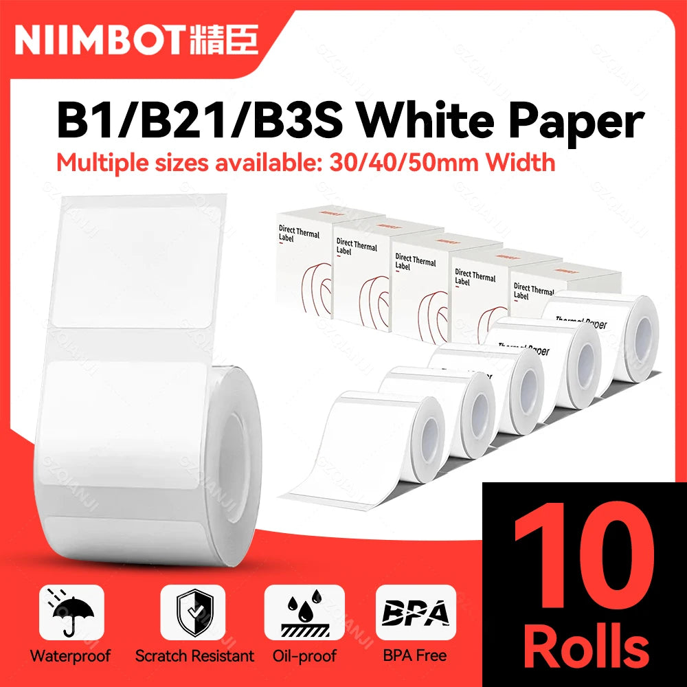 NiiMbot Label Rolls – Waterproof, Anti‑Oil, Tear‑Resistant White Stickers (3/5/10 Pack)
