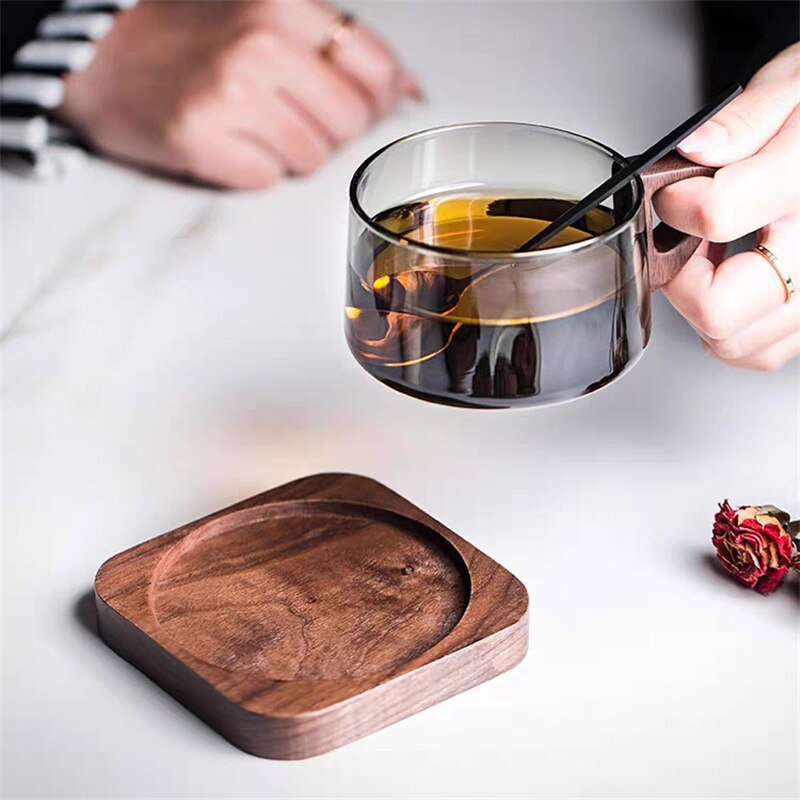 Glass American Latte Coffee Cup With Wooden Tray High Borosilicate Heat-resistant - beunik