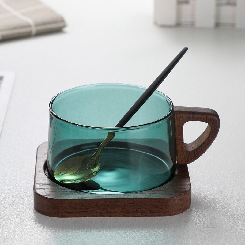 Glass American Latte Coffee Cup With Wooden Tray High Borosilicate Heat-resistant - beunik