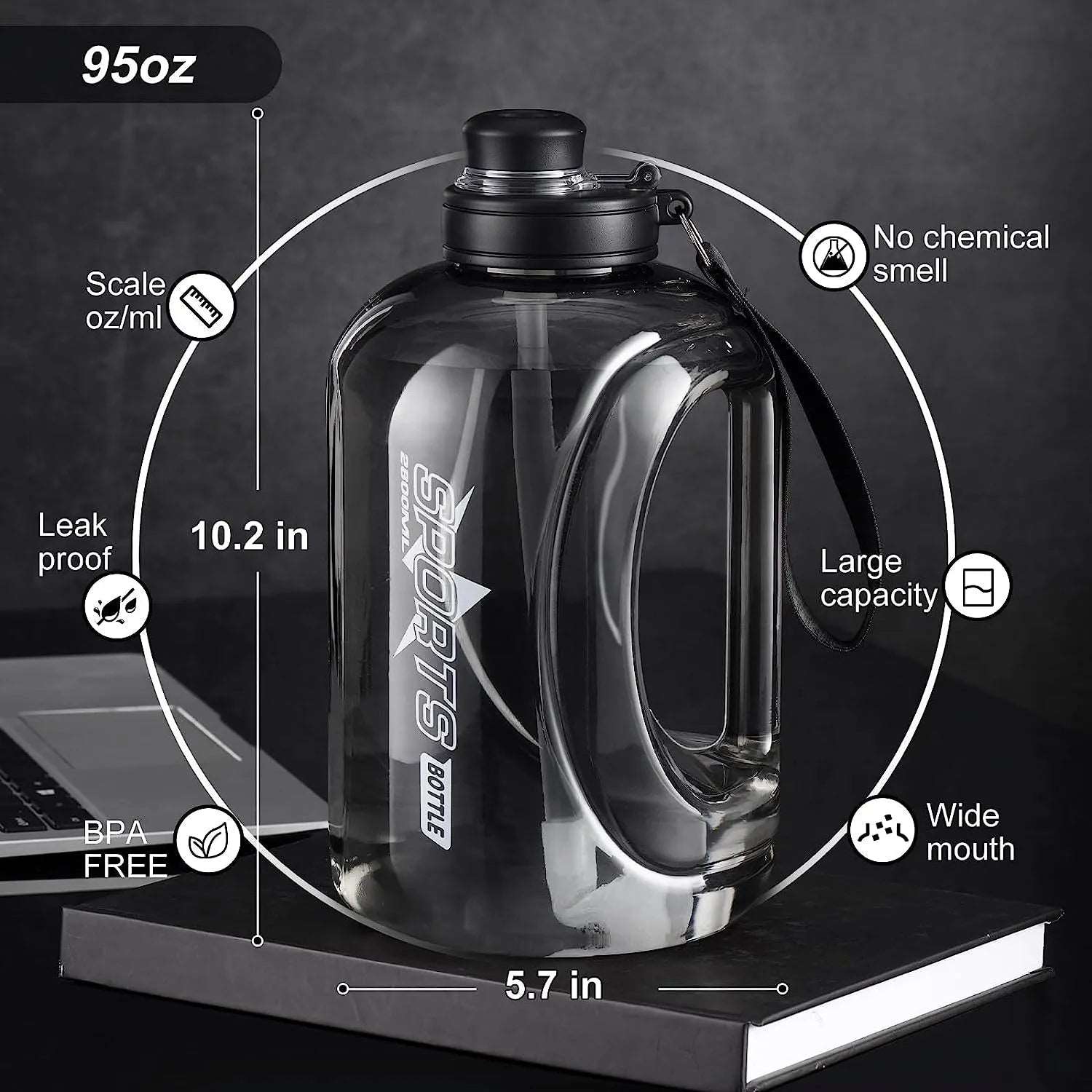 1.8L/2.8 L Large Water Bottle with Straw and Portable Handle Strap - beunik