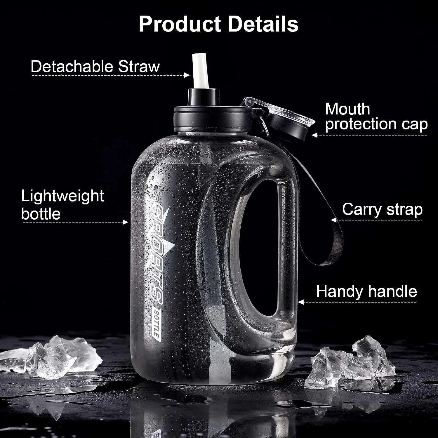 1.8L/2.8 L Large Water Bottle with Straw and Portable Handle Strap - beunik