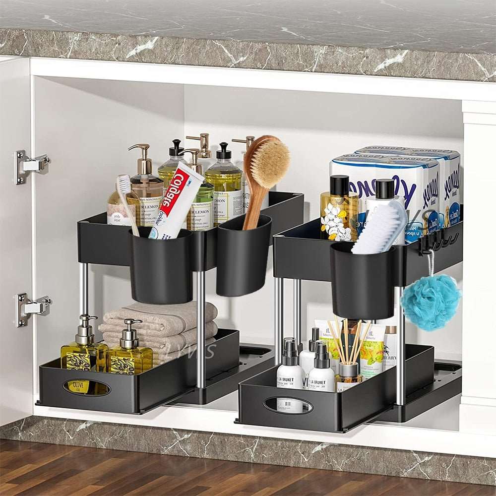 2 Tier Under Sink Organizer Sliding Cabinet Basket - beunik