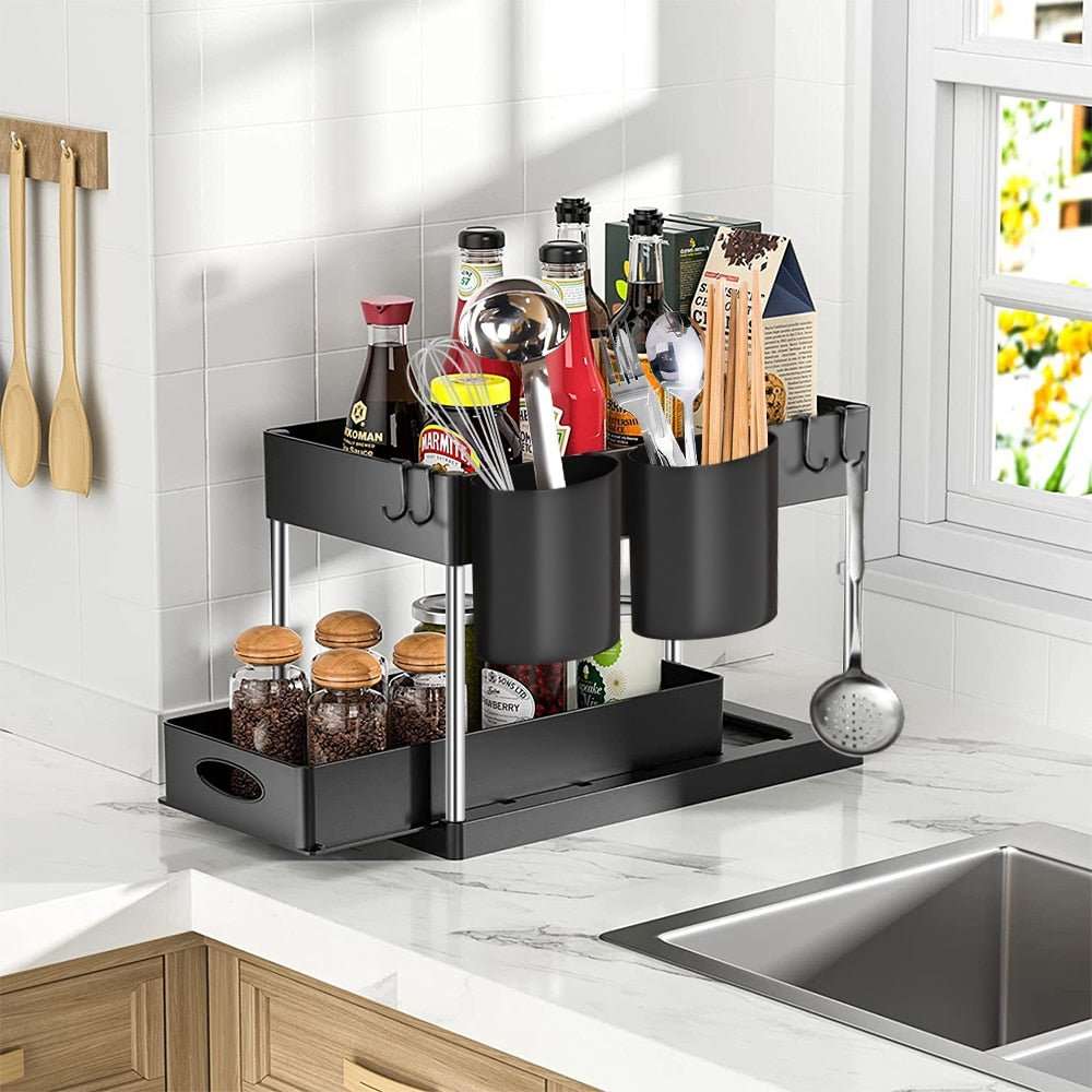 2 Tier Under Sink Organizer Sliding Cabinet Basket - beunik