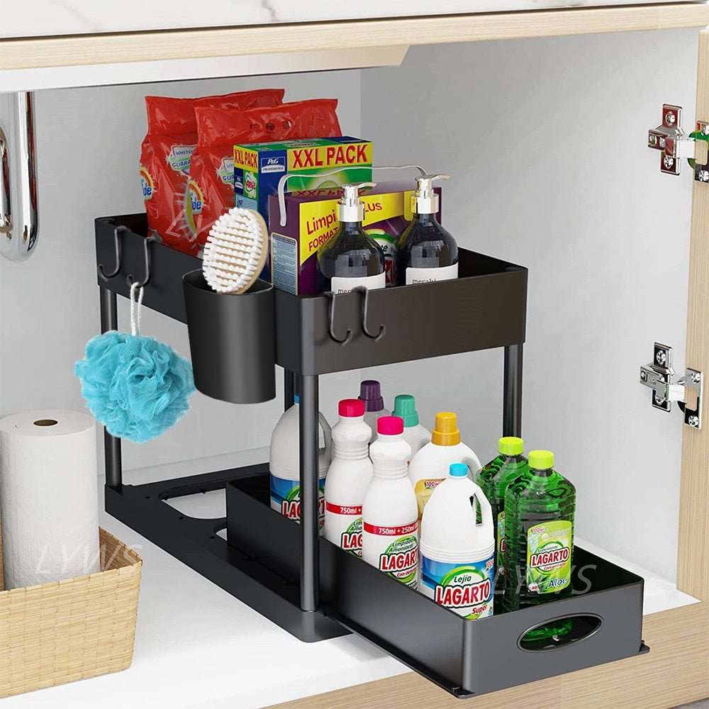 2 Tier Under Sink Organizer Sliding Cabinet Basket - beunik