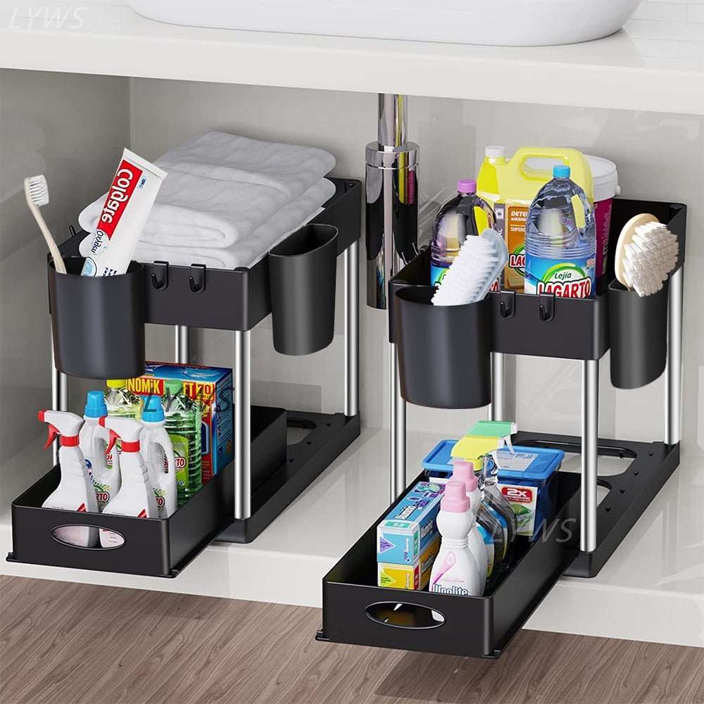 2 Tier Under Sink Organizer Sliding Cabinet Basket - beunik