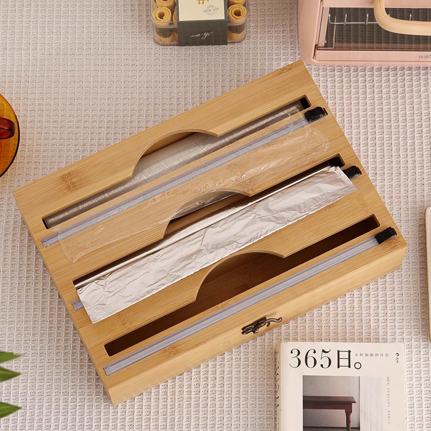 3 In 1 Bamboo Wrap Dispenser Storage Dispenser - beunik