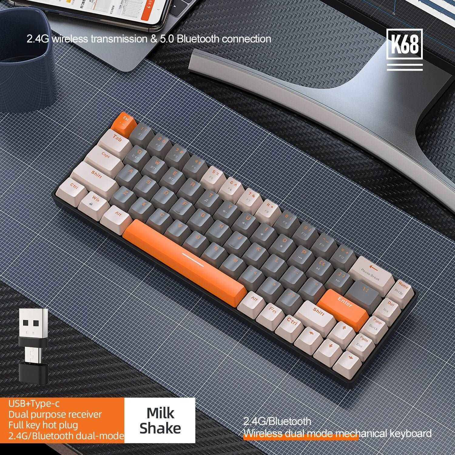 60% Wireless Mechanical Keyboard Bluetooth Dual Mode Hot-Swappable Mini 68-Key Red Switch - beunik