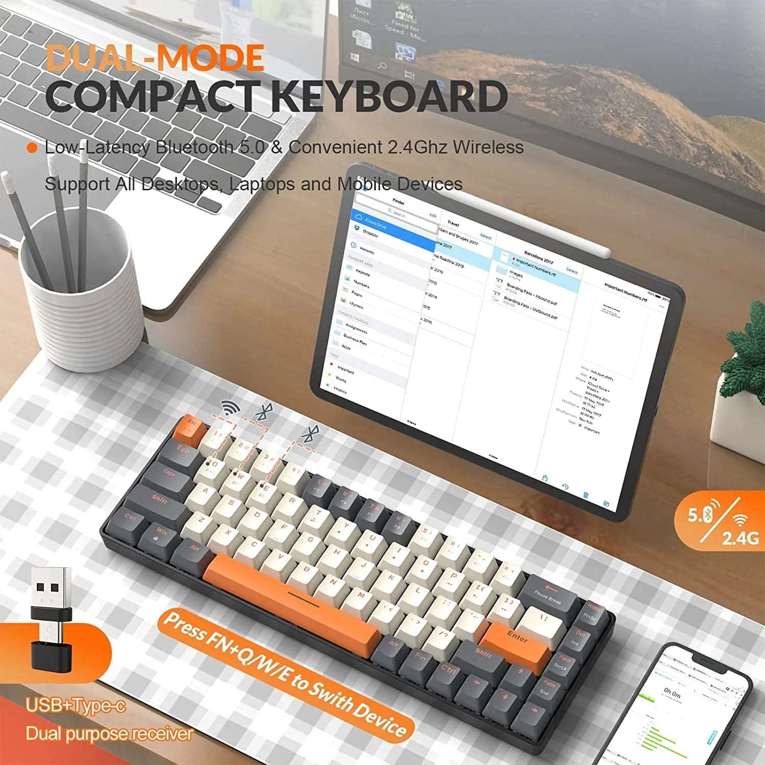 60% Wireless Mechanical Keyboard Bluetooth Dual Mode Hot-Swappable Mini 68-Key Red Switch - beunik