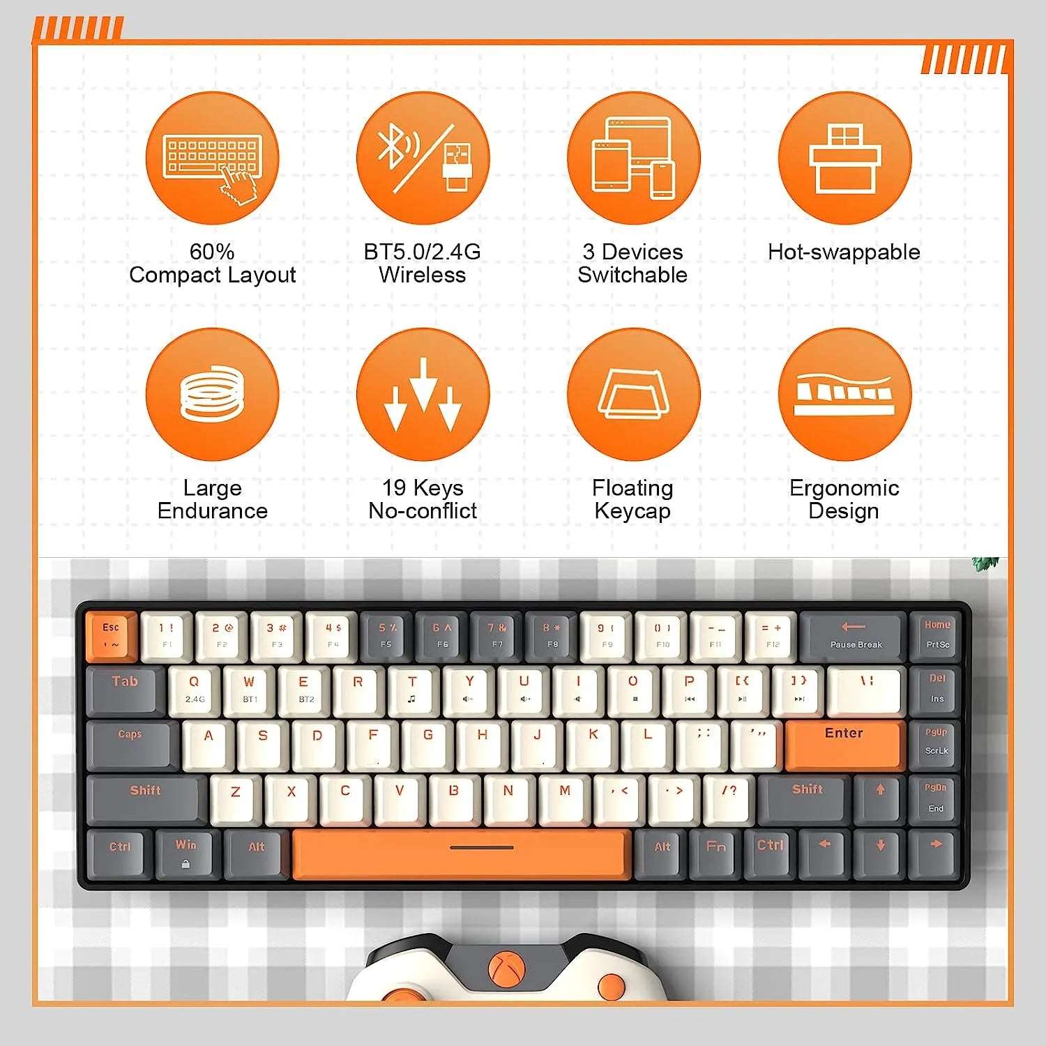 60% Wireless Mechanical Keyboard Bluetooth Dual Mode Hot-Swappable Mini 68-Key Red Switch - beunik