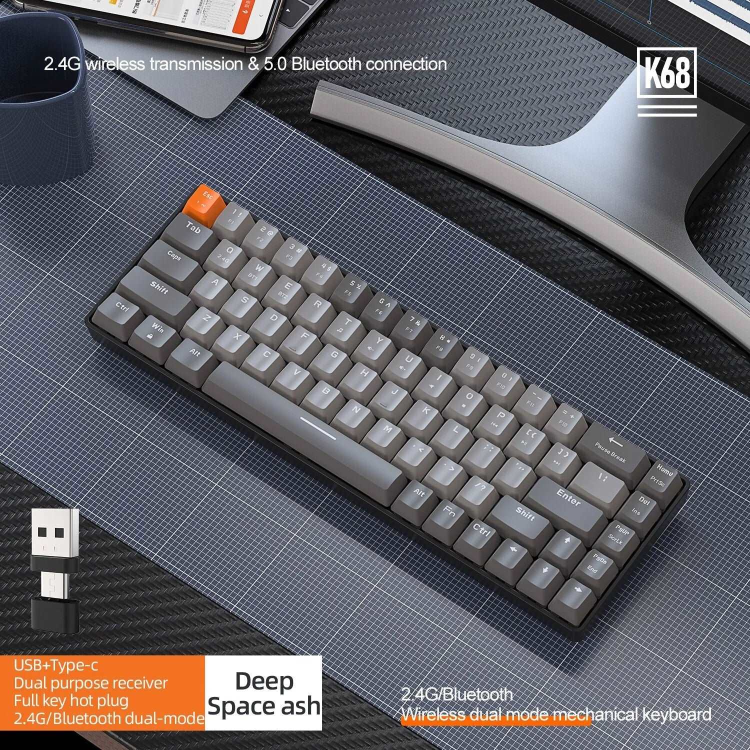 60% Wireless Mechanical Keyboard Bluetooth Dual Mode Hot-Swappable Mini 68-Key Red Switch - beunik