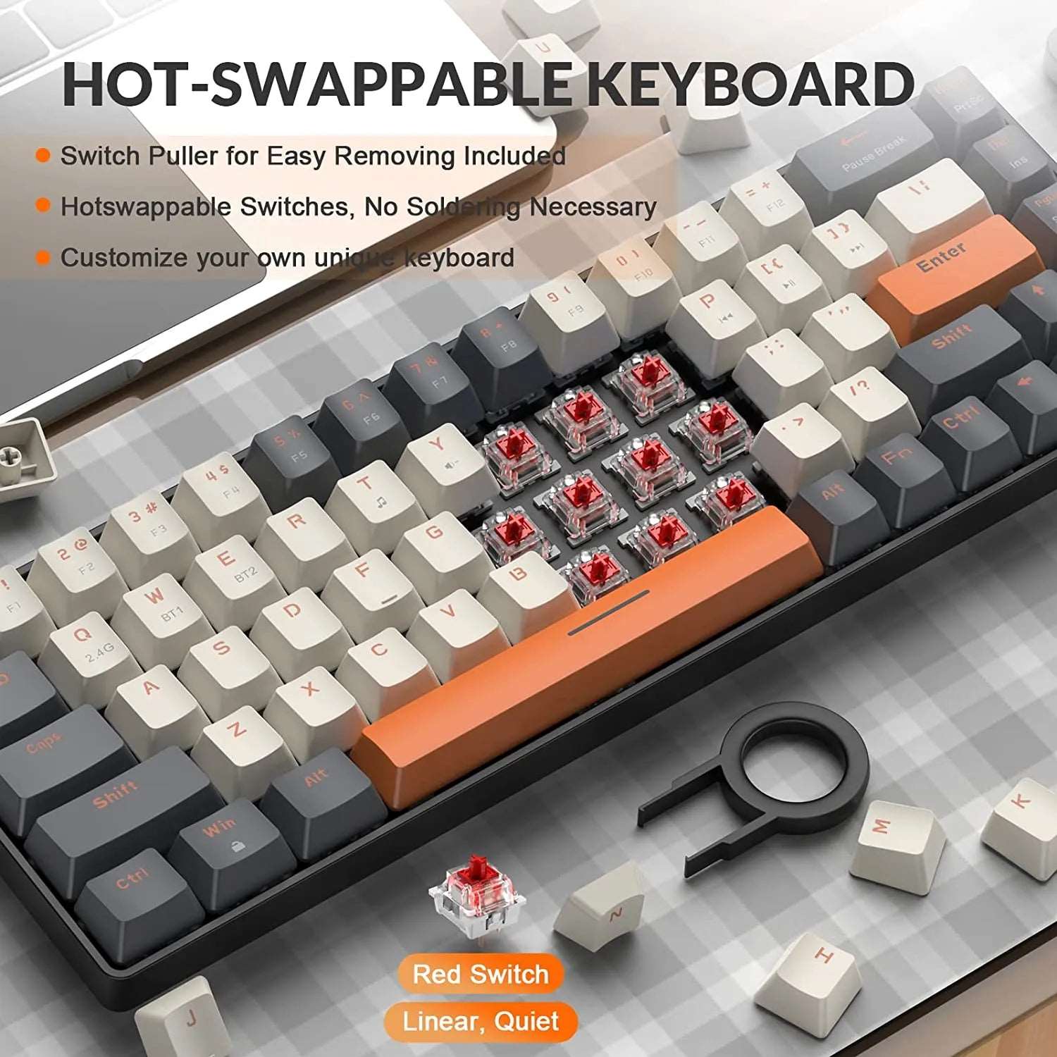 60% Wireless Mechanical Keyboard Bluetooth Dual Mode Hot-Swappable Mini 68-Key Red Switch - beunik