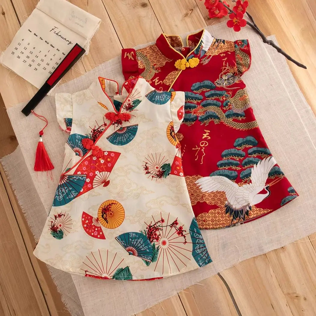 Baby Cheongsam – Summer Cotton Qipao Dress with Fly Sleeves (9M–3Y) - beunik