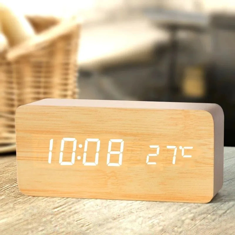 Wooden Digital Alarm Clock, LED Alarm Clock with Temperature beunik