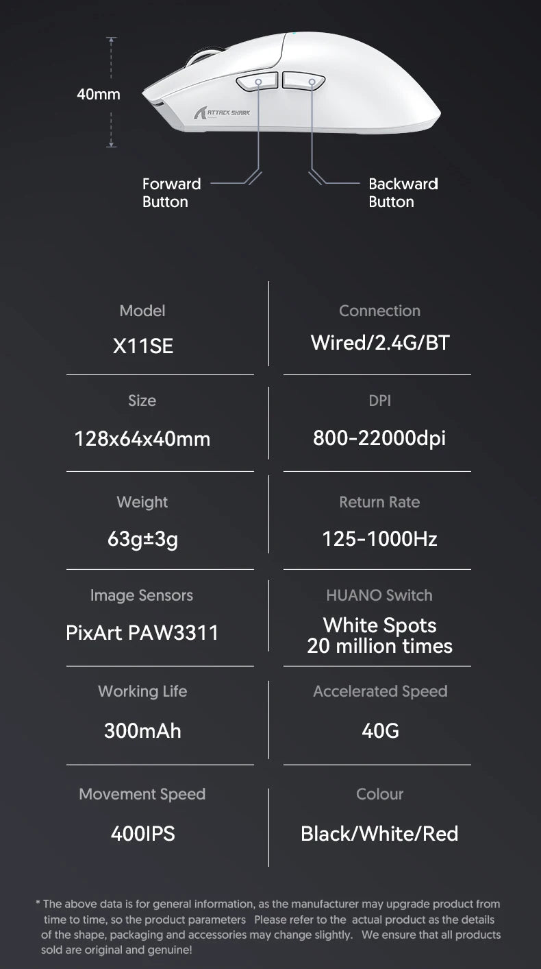 Attack Shark X11 X11SE Wireless Gaming Mouse 3-Mode (PAW3311, 22000DPI, 400IPS) beunik