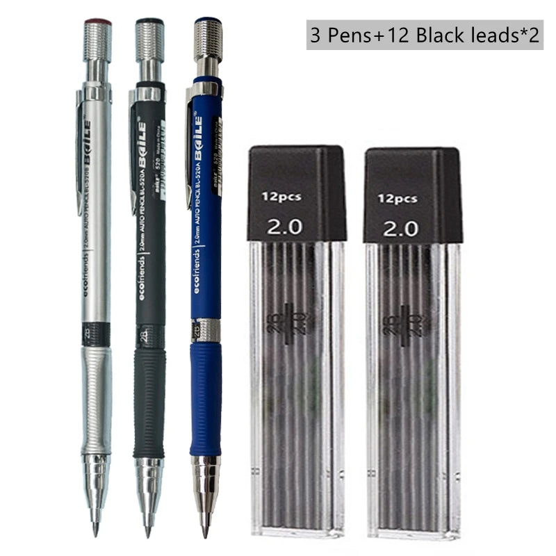 Mechanical Pencil Set 2.0 mm with 2B Black/Colors Lead Refill beunik