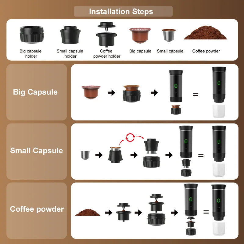 Wireless Electric Portable Espresso Coffee Machine Maker 3-in-1 Capsule Powder Travel beunik