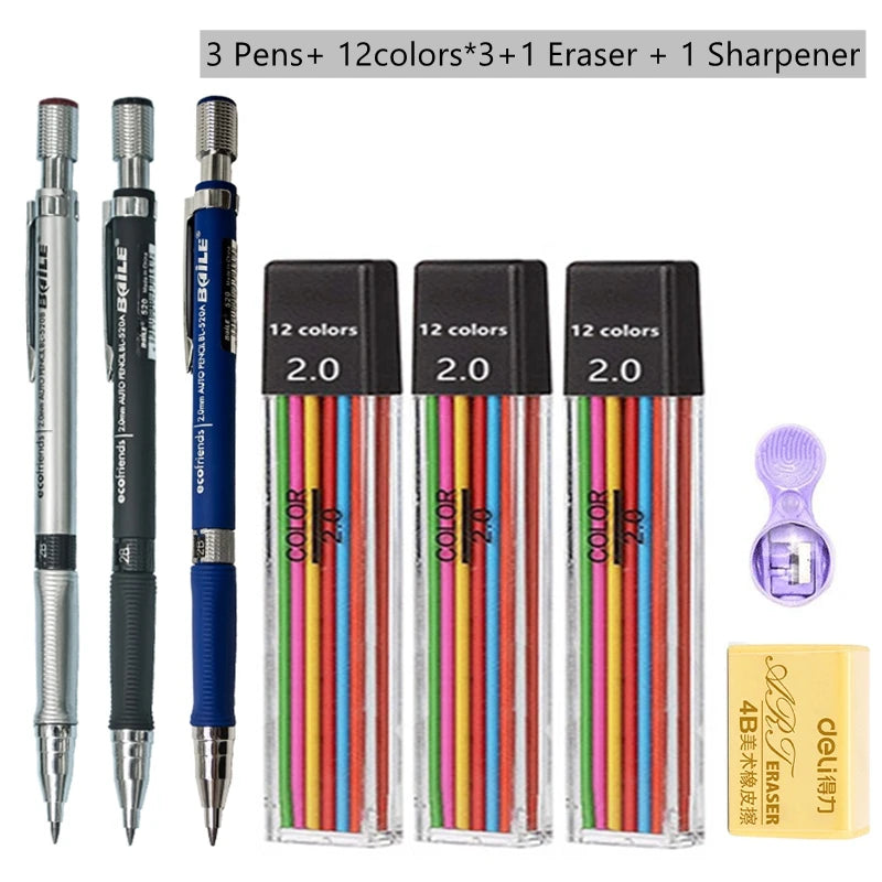 Mechanical Pencil Set 2.0 mm with 2B Black/Colors Lead Refill beunik