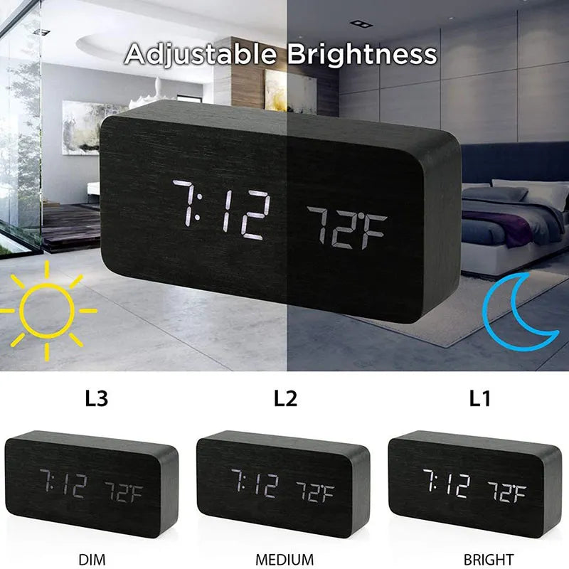 Wooden Digital Alarm Clock, LED Alarm Clock with Temperature beunik