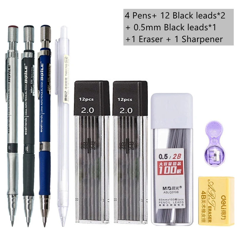 Mechanical Pencil Set 2.0 mm with 2B Black/Colors Lead Refill beunik