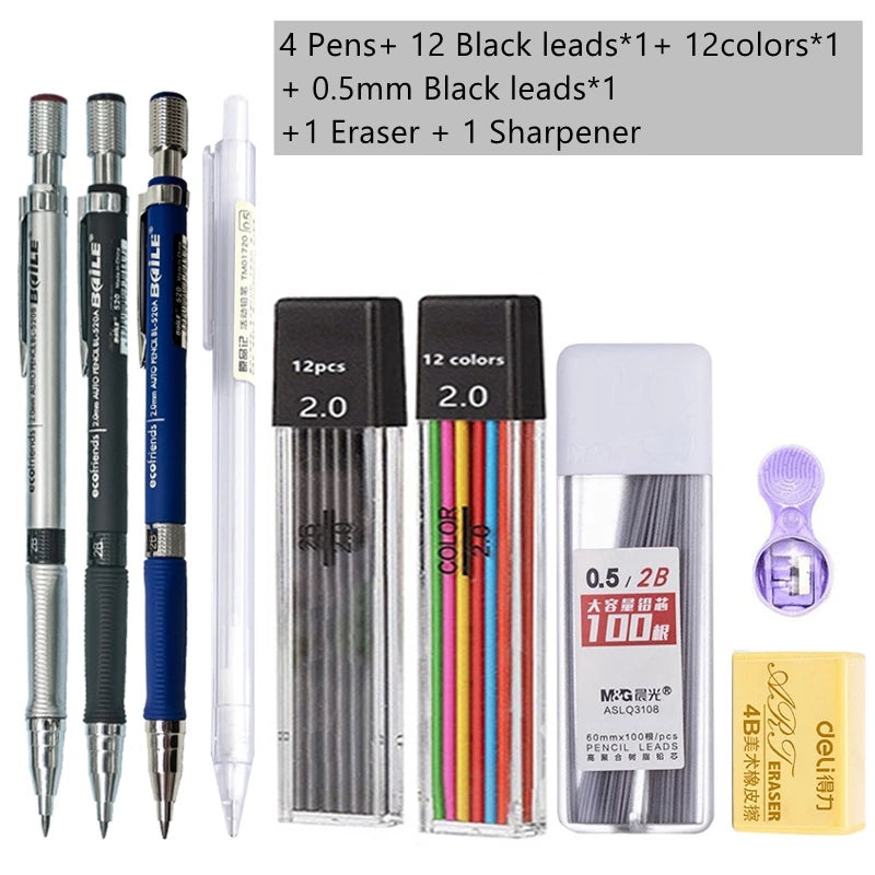 Mechanical Pencil Set 2.0 mm with 2B Black/Colors Lead Refill beunik