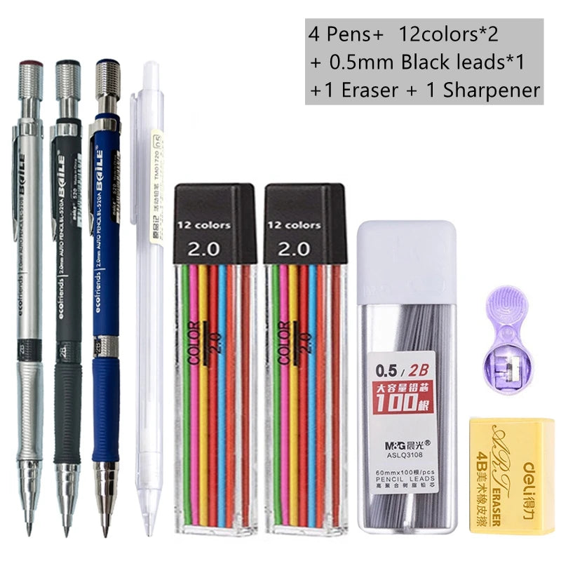 Mechanical Pencil Set 2.0 mm with 2B Black/Colors Lead Refill beunik