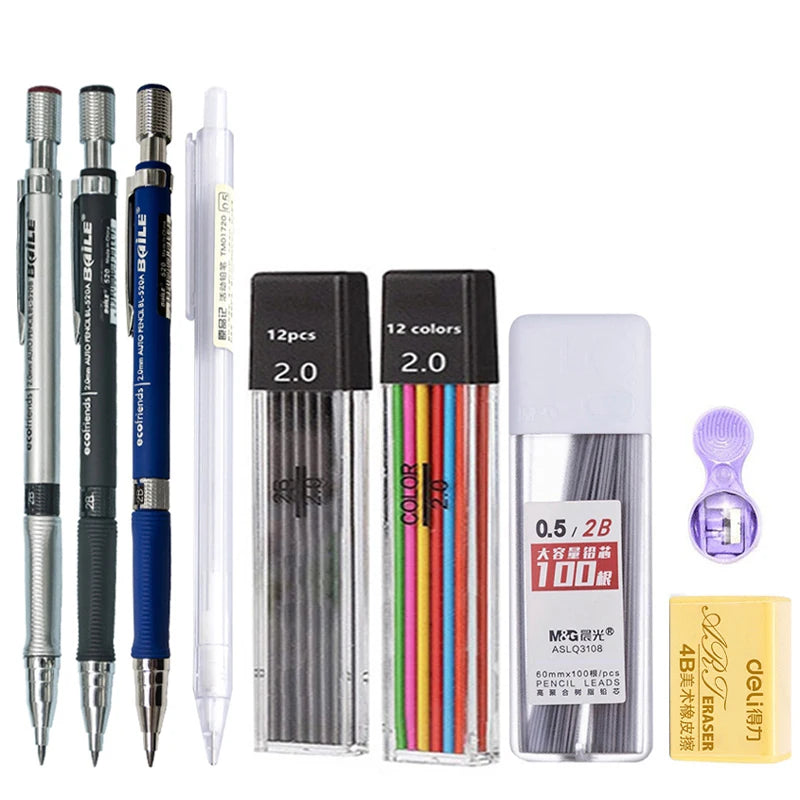 Mechanical Pencil Set 2.0 mm with 2B Black/Colors Lead Refill beunik