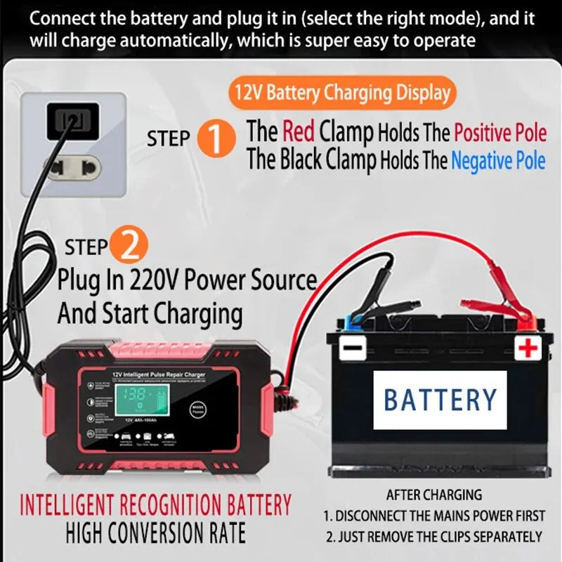 Car Battery Charger 12V 6A Pulse Repair LCD Display Smart Fast Charge beunik