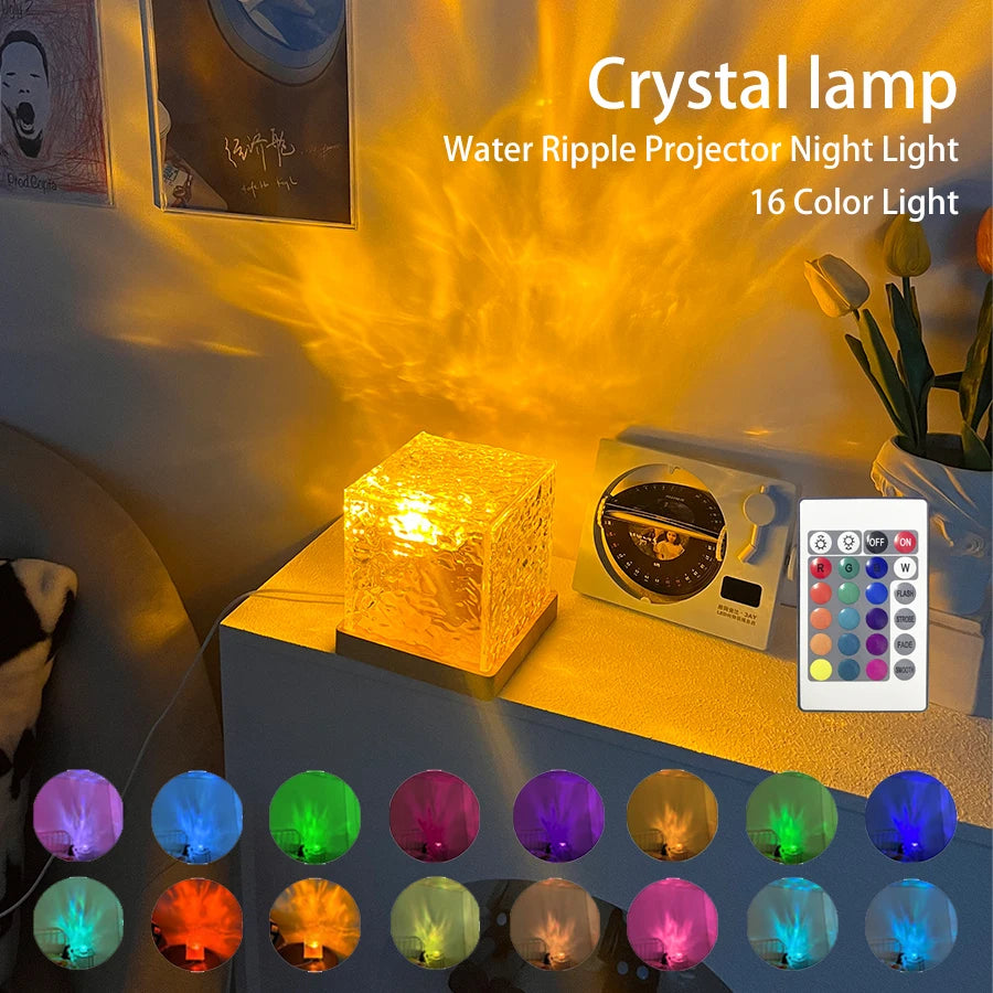 Dynamic Rotating Water Ripple Projector Night Light 3/16 Colors Flame Crystal beunik