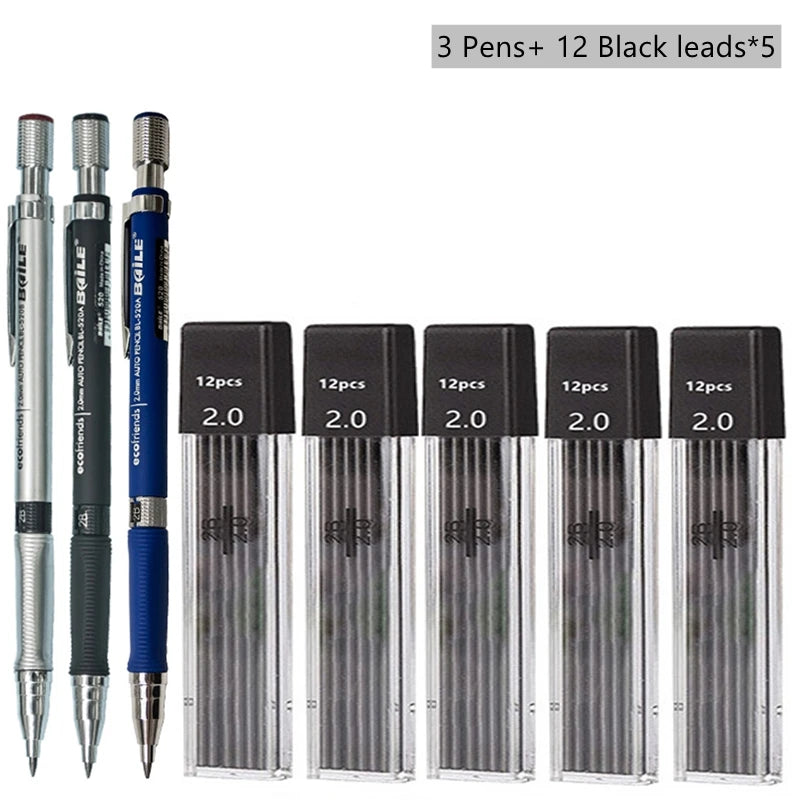 Mechanical Pencil Set 2.0 mm with 2B Black/Colors Lead Refill beunik