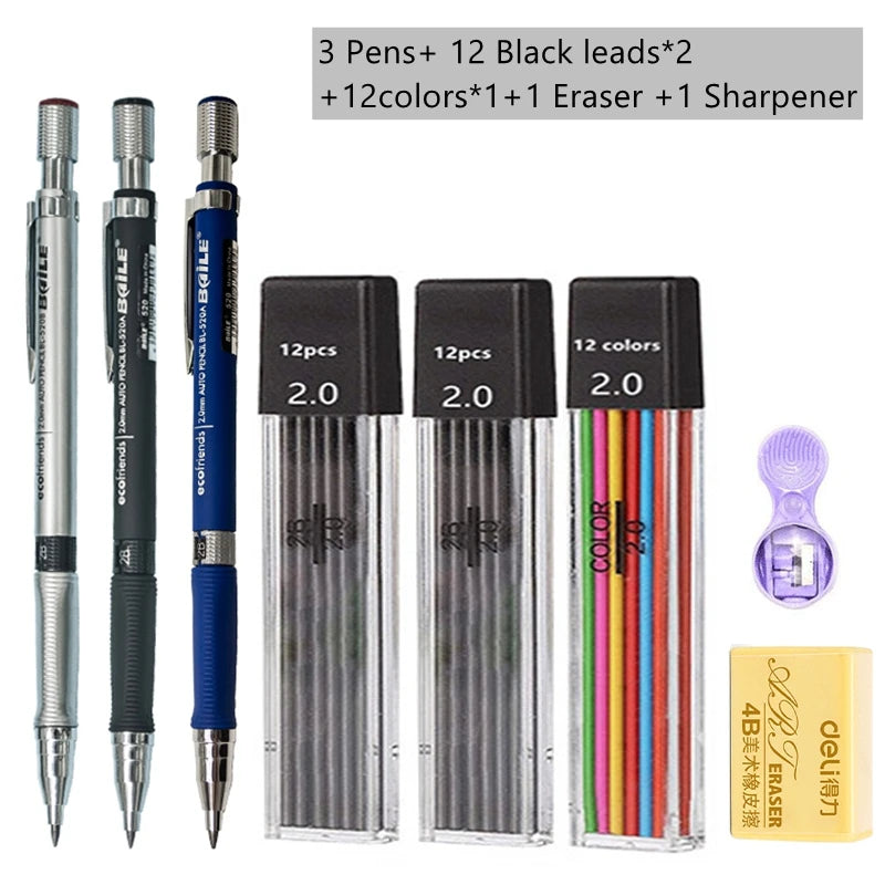 Mechanical Pencil Set 2.0 mm with 2B Black/Colors Lead Refill beunik