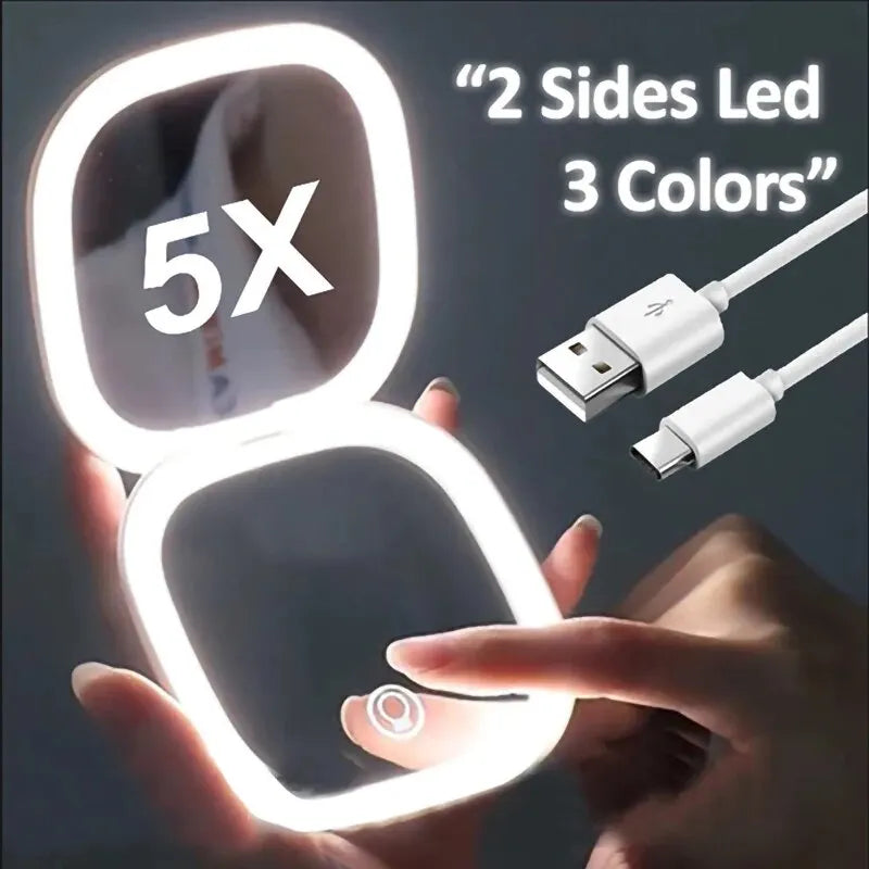 2 Face Sides Touch Compact Led 3 Colors Mini Foldable Cosmetic Charge Makeup Mirror beunik