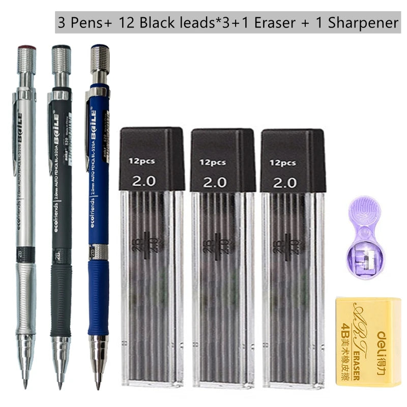 Mechanical Pencil Set 2.0 mm with 2B Black/Colors Lead Refill beunik