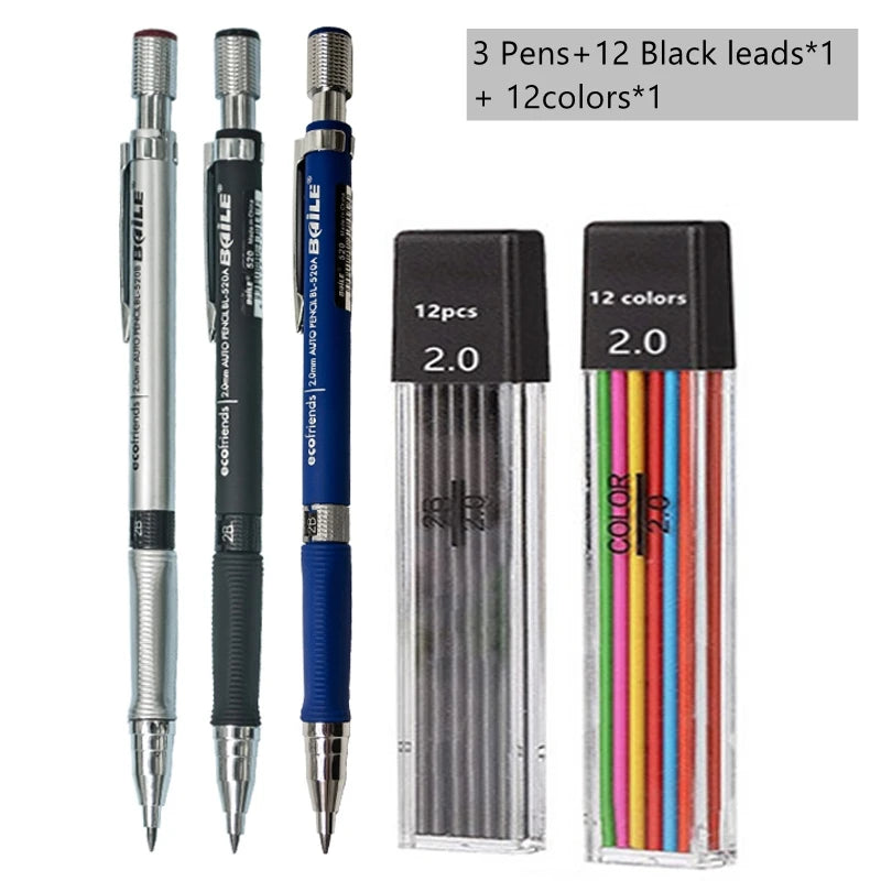 Mechanical Pencil Set 2.0 mm with 2B Black/Colors Lead Refill beunik