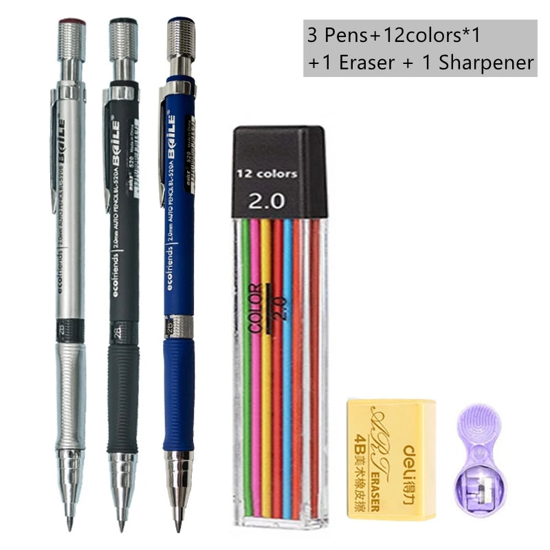 Mechanical Pencil Set 2.0 mm with 2B Black/Colors Lead Refill beunik